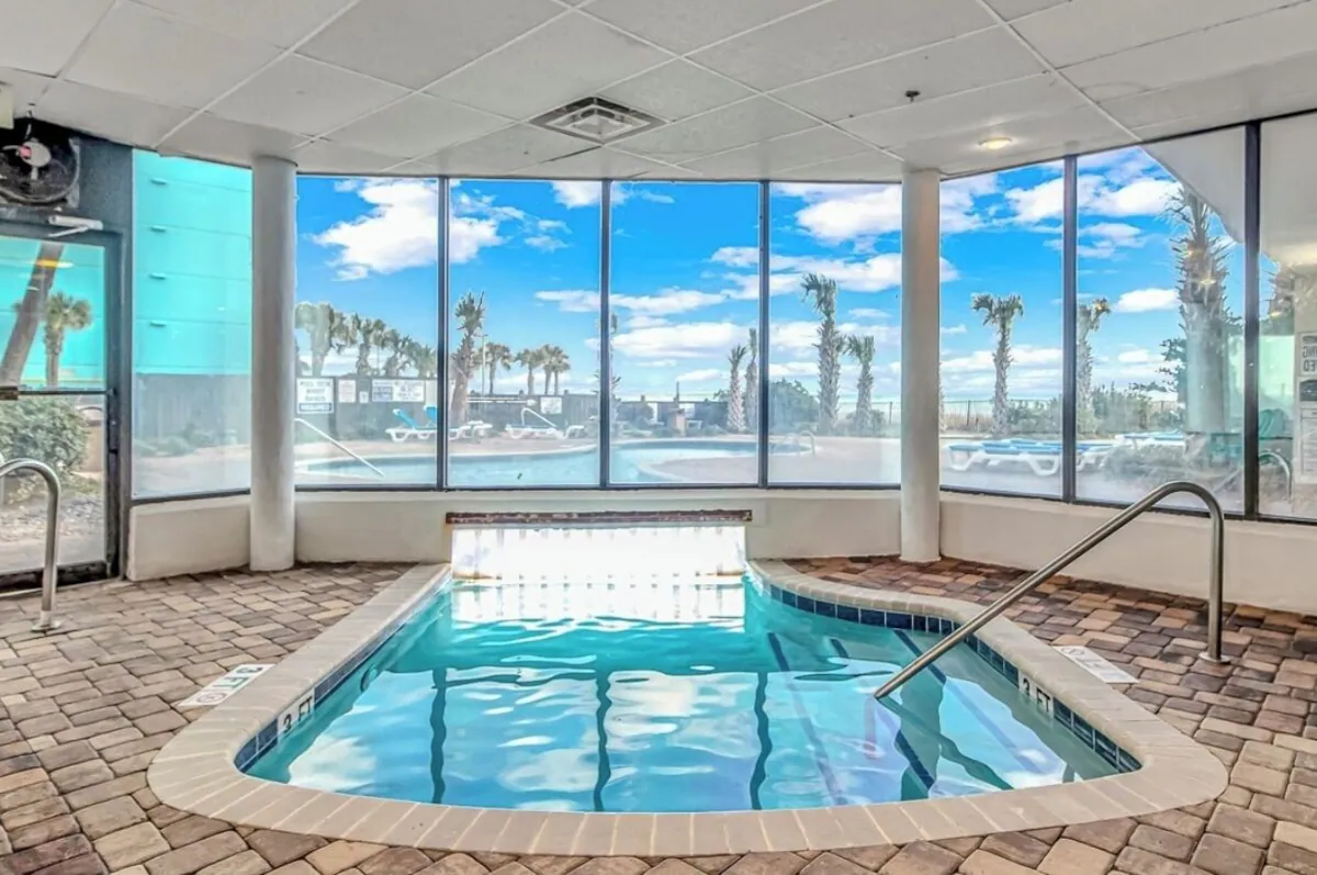 Indoor resort hot tub facing the oceanfront pool deck in Myrtle Beach