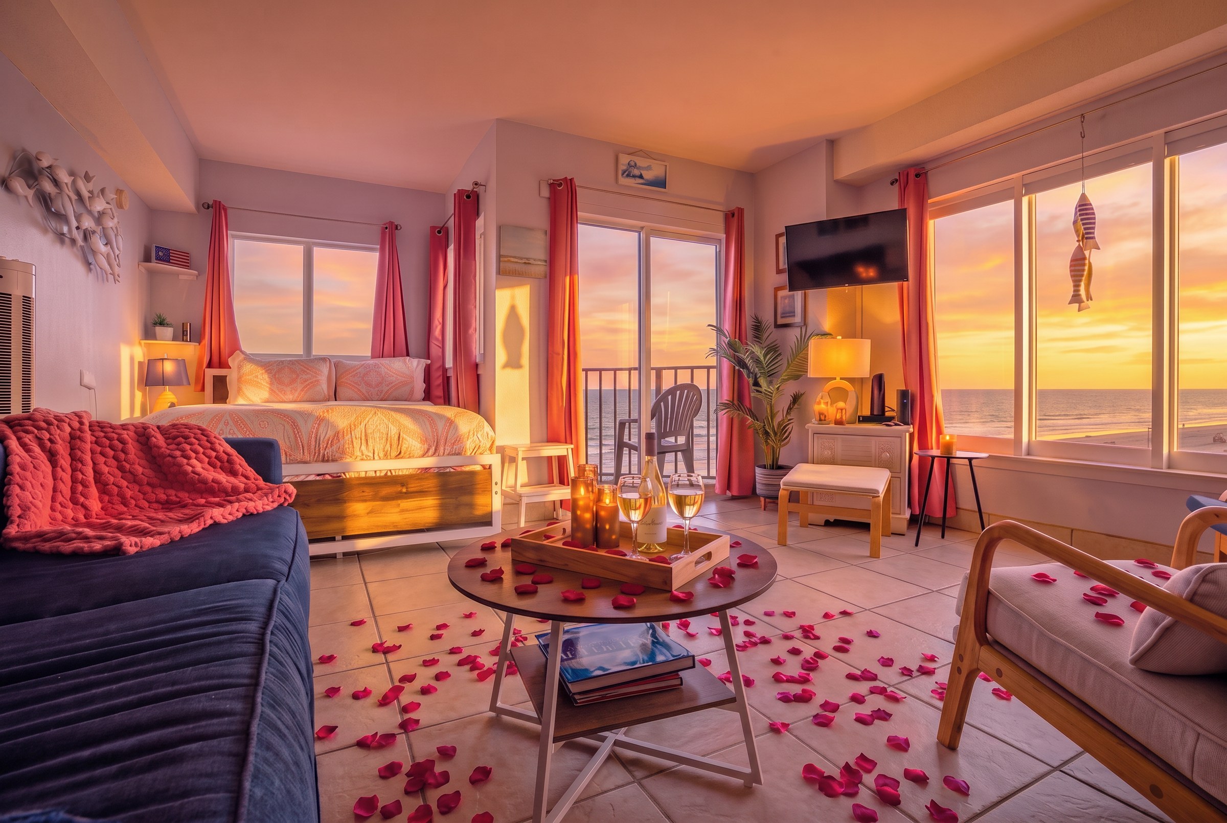 Luxury oceanfront studio in Myrtle Beach at sunset with balcony views over the Atlantic