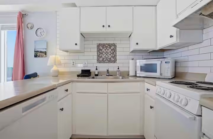 Fully equipped kitchen inside the oceanfront studio vacation rental in Myrtle Beach